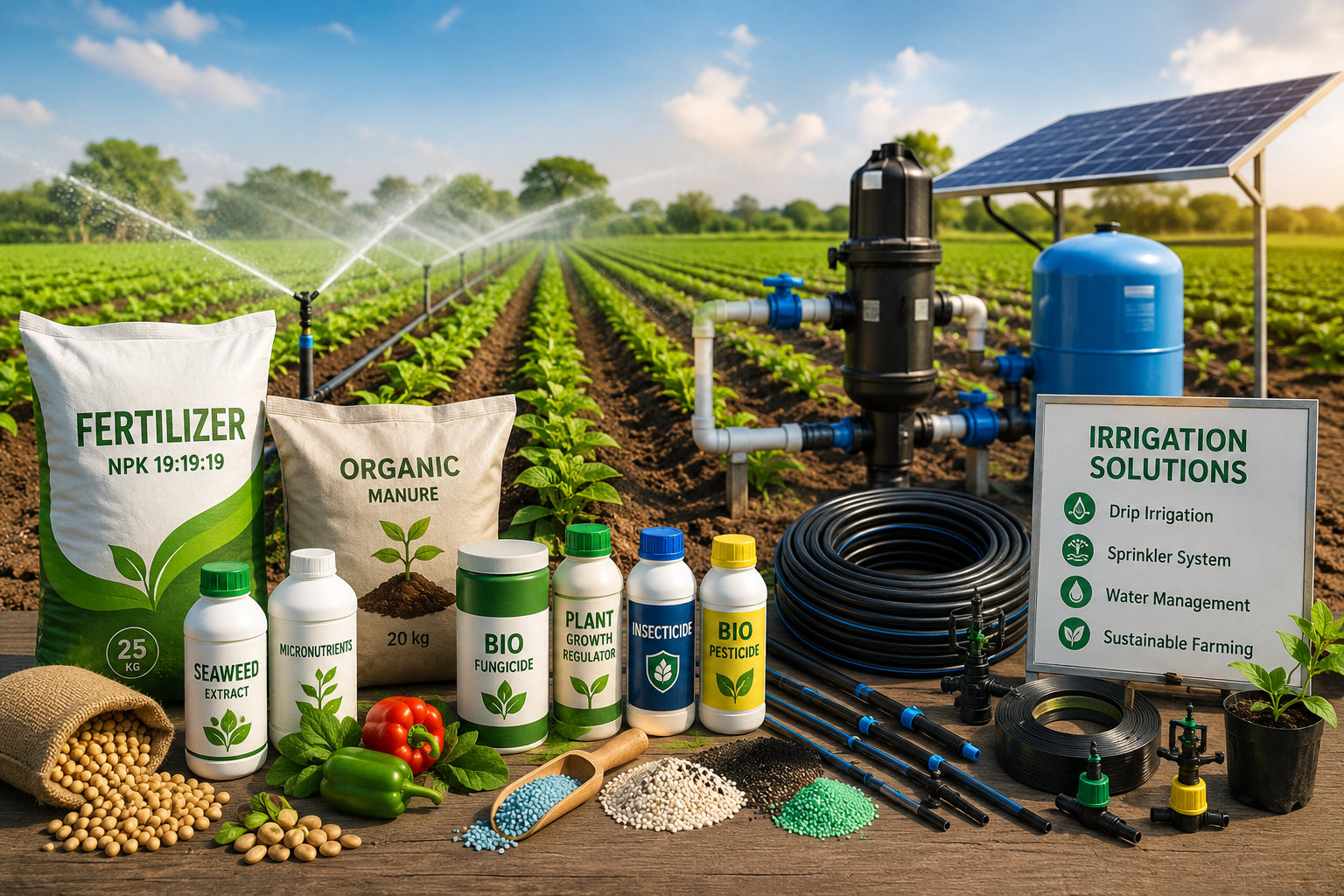 Agricultural irrigation systems and farming inputs